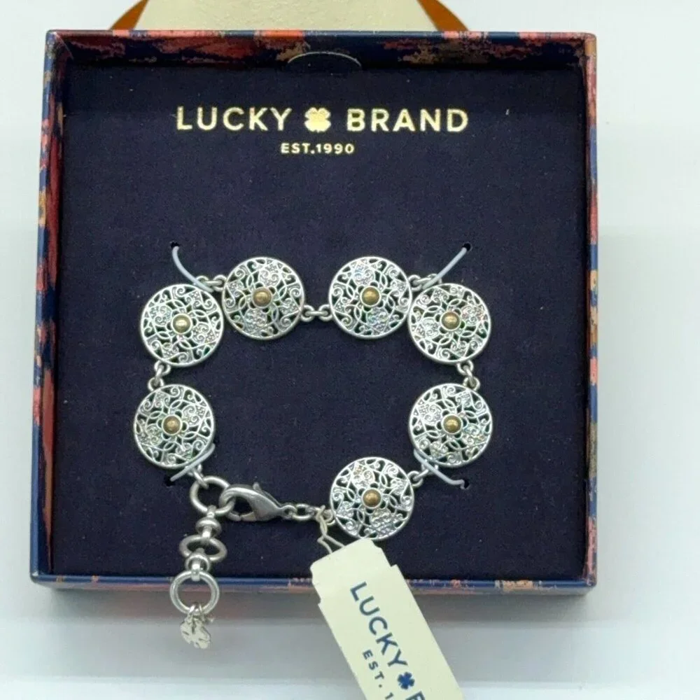 Lucky Brand Silver Tone Bracelet Filigree Discs Bronze Center 6.5